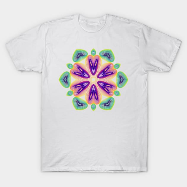 Lotus Kaleidoscope | Harmonograph Green Yellow Purple White T-Shirt by aRtVerse